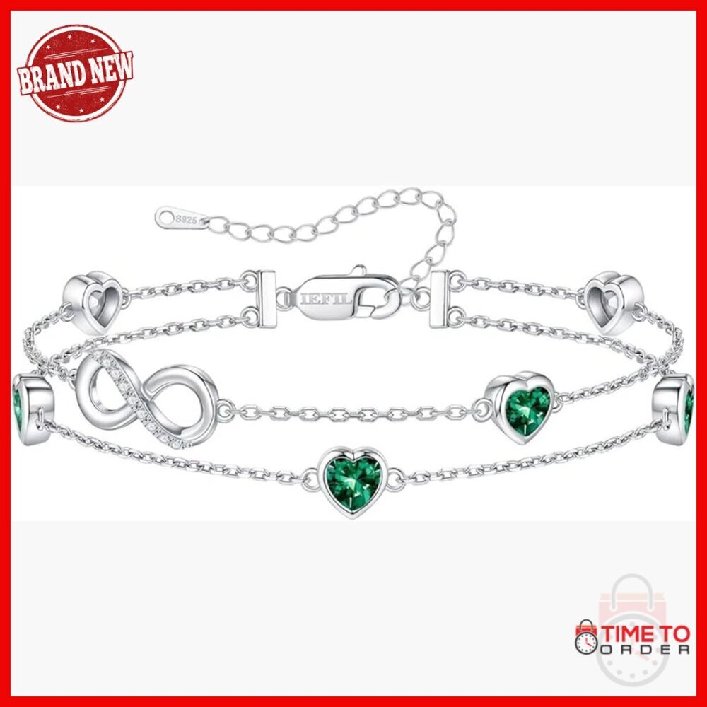 Sterling Silver Infinity Heart Birthstone Charm Link Bracelet 6-8" Adjustable
